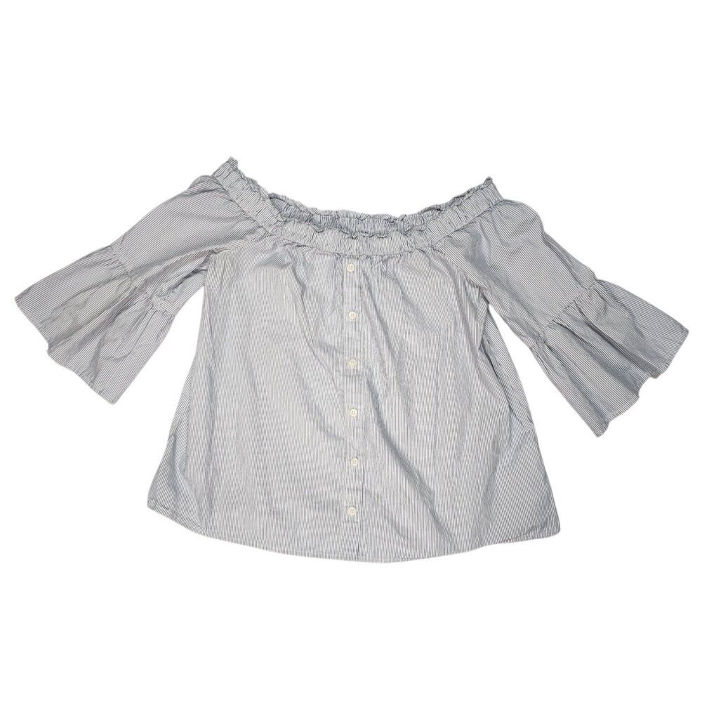 Abercrombie & Fitch Top Womens Small White Blue Pin Stripe Off Shoulder Ruffle